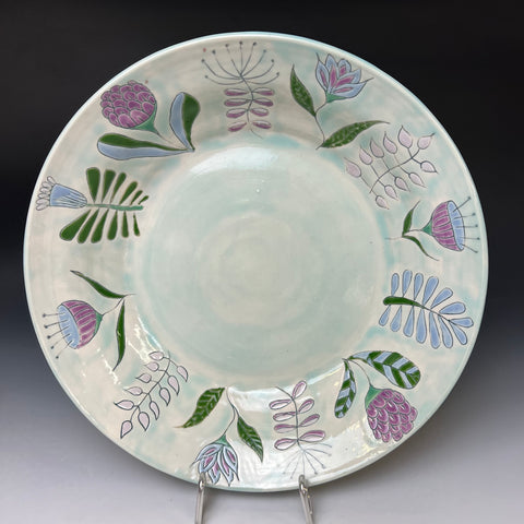 Large Folk Floral Hand Painted Purples and Blues Bowl